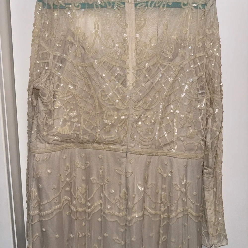 NWT | Mac Duggal Nude Sequined High Neck Long Sleeve Midi Dress Size 16 - Picture 7 of 13